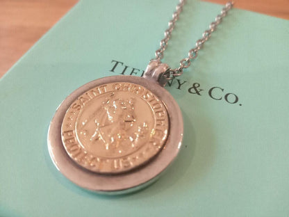 Tiffany & Co Saint Christopher Coin Necklace Silver 925  18K Gold Pendant Jewely