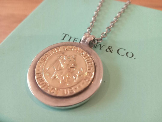 Tiffany & Co Saint Christopher Coin Necklace Silver 925  18K Gold Pendant Jewely